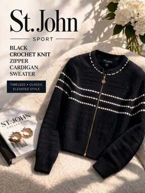 St. John Sport Black Crochet Knit Zipper Cardigan Sweater